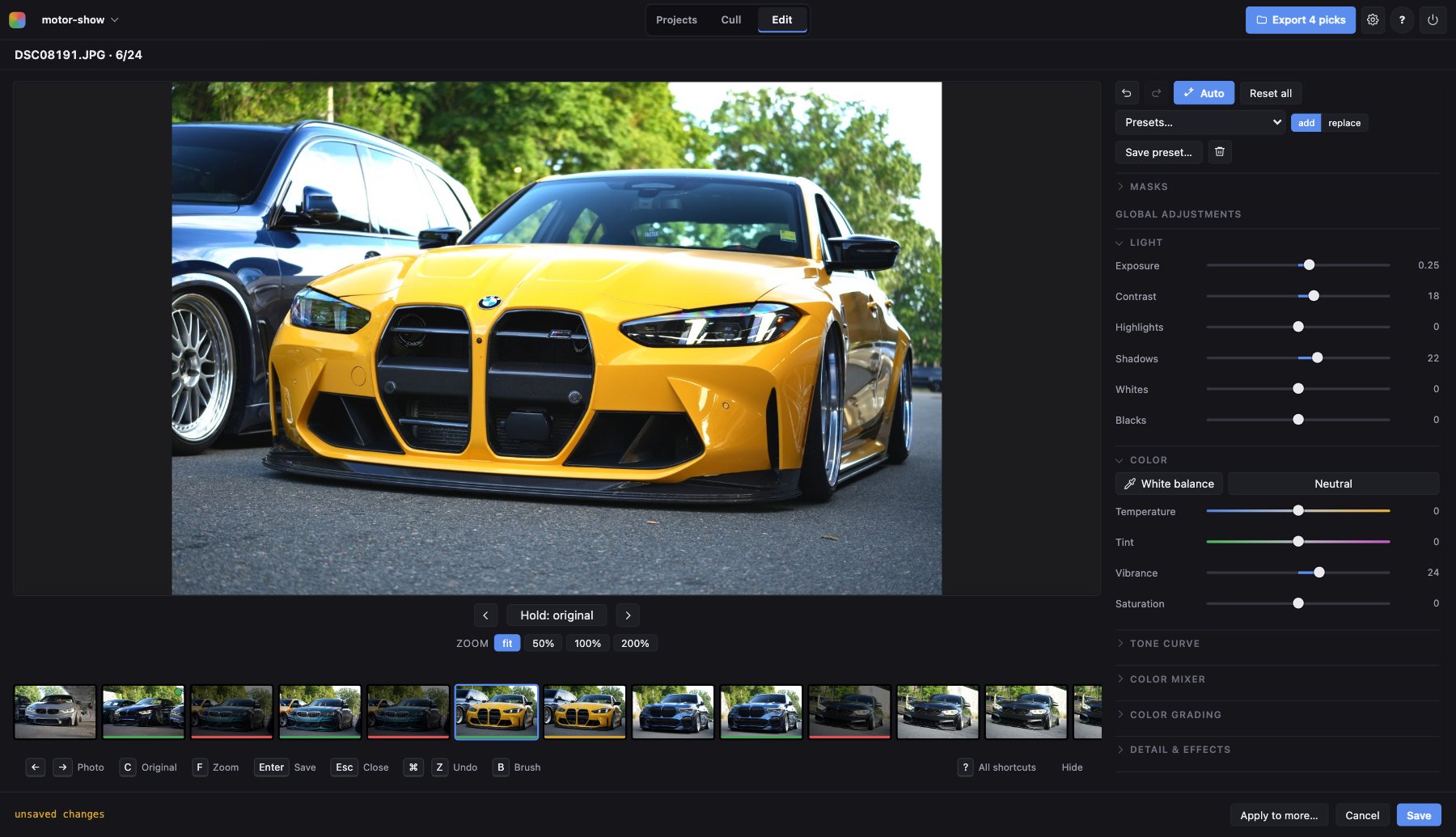 The editor: a photo of a car with the adjustment sliders beside it.