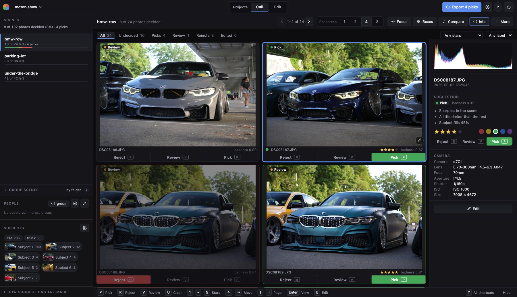 The culling grid: four photos of cars, each with a suggestion and pick, review and reject buttons, the scenes on the left and the photo's details on the right.